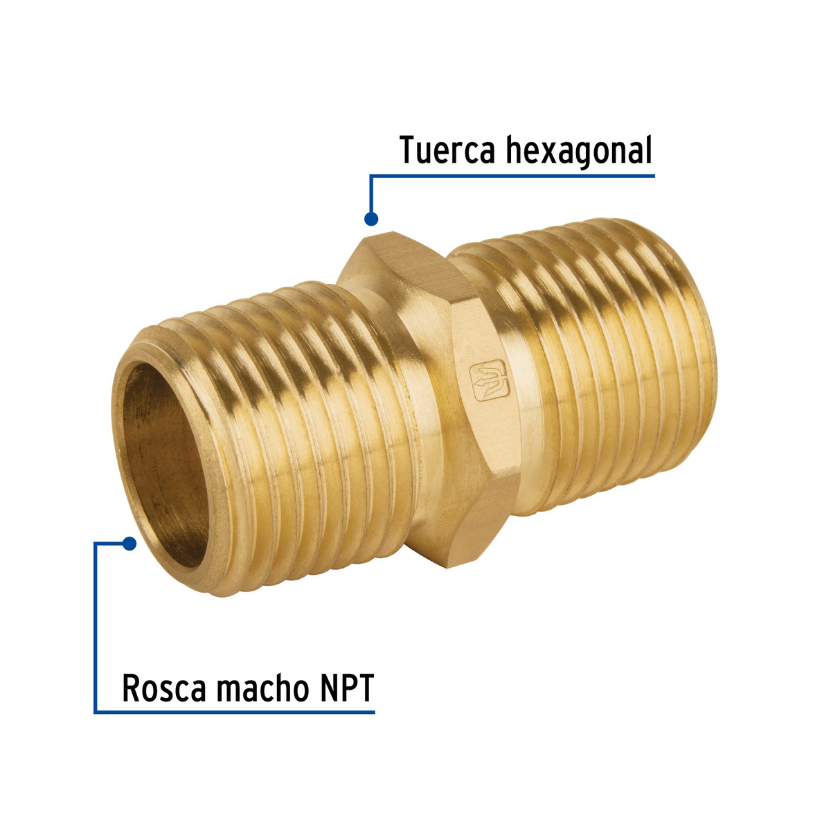 Niple unión NPT de latón, 1/2" con tuerca hexagonal