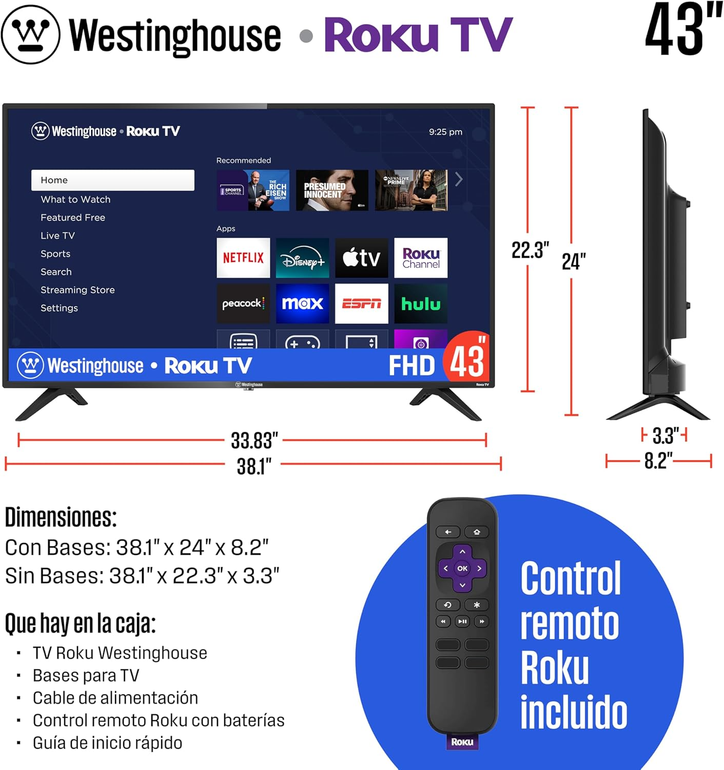 Westinghouse Smart TV Roku de 43" Pulgadas, Full HD de 1080p con Wi-Fi, Bluetooth, Aplicación Móvil, AirPlay, Alexa y Google - WR43FE2520