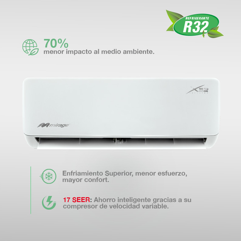 Minisplit Mirage Inverter X32 - 1 Tonelada, 220V, Frío/Calor (CWC121E)