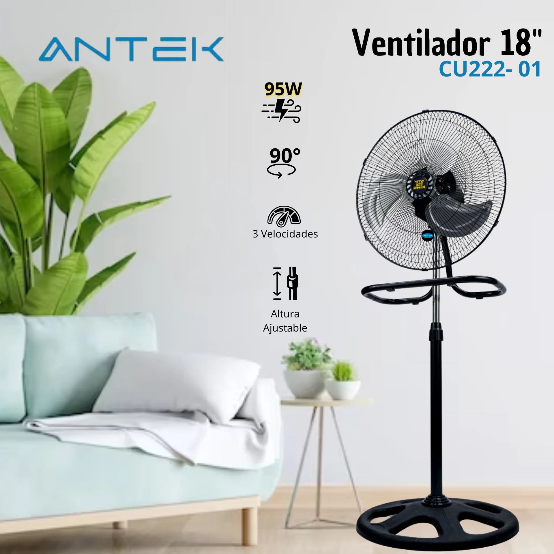 Ventilador De 18 PuLG, 95w Potencia, 3 En 1 - Antek Cobre Estructura Negro Aspas Aluminio Diámetro 68.58 Cm Frecuencia 60 Material De Las Aspas Metal